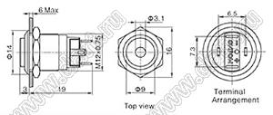 BLGQ12-AH-10D/J/G/12V/S кнопка антивандальная; d отв.=12мм; без фиксации; 1NO; точечная; зеленый; 12В; нержавеющая сталь