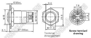 BLGQ16B-10E/L/B/12V/S кнопка антивандальная; без фиксации; 1NO; кольцевая; синий; 12В; нержавеющая сталь