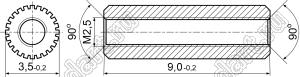 PCRSS2.5-3.5-09N стойка цилиндрическая с накаткой; резьба М2,5x0,45; L=9,0мм; латунь никелированная