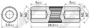 PCRSS2-3.0-28 стойка цилиндрическая с накаткой; резьба М2x0,4; L=28,0мм; латунь
