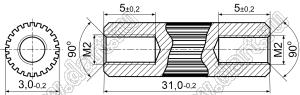PCRSS2-3.0-31 стойка цилиндрическая с накаткой; резьба М2x0,4; L=31,0мм; латунь