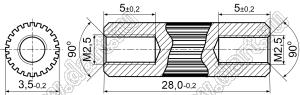 PCRSS2.5-3.5-28 стойка цилиндрическая с накаткой; резьба М2,5x0,45; L=28,0мм; латунь