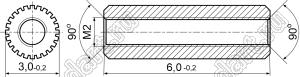 PCRSS2-3.0-06N стойка цилиндрическая с накаткой; резьба М2x0,4; L=6,0мм; латунь никелированная