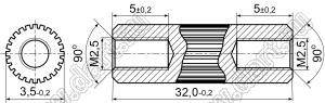 PCRSS2.5-3.5-32N стойка цилиндрическая с накаткой; резьба М2,5x0,45; L=32,0мм; латунь никелированная