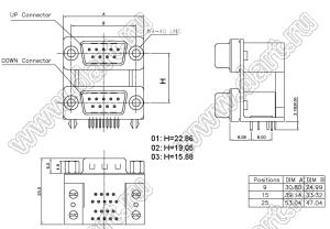 DS1082-01-09M09F0B22 блок разъемов D-SUB; H=15,88мм; вилка 9-конт./розетка 9-конт.; шестигранные резьбовые стойки