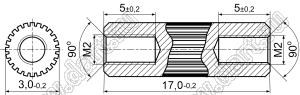 PCRSS2-3.0-17N стойка цилиндрическая с накаткой; резьба М2x0,4; L=17,0мм; латунь никелированная