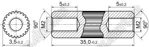 PCRSS2-3.5-35 стойка цилиндрическая с накаткой; резьба М2x0,4; L=35,0мм; латунь