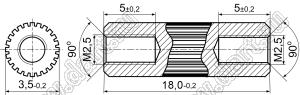 PCRSS2.5-3.5-18N стойка цилиндрическая с накаткой; резьба М2,5x0,45; L=18,0мм; латунь никелированная