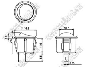 R13-297A-05 переключатель клавишный миниатюрный; 2P SPST off-on