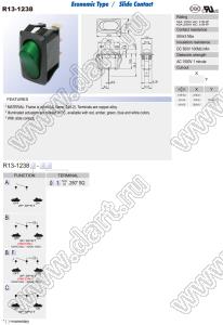 R13-1238B-01 переключатель клавишный миниатюрный; 3P SPST (неон) off-on