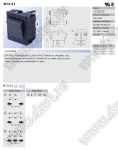 R13-31D-01 переключатель клавишный; 6P DPDT on-off-on