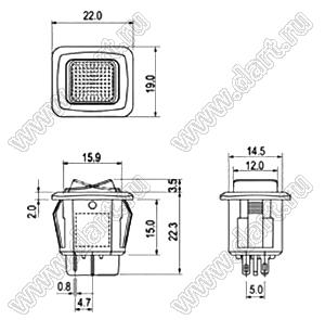 R13-290AL1-05 переключатель клавишный миниатюрный; 4P SPST (светодиод) off-on