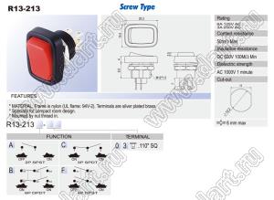 R13-211A-02 переключатель клавишный; 2P SPST off-on