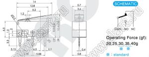 DM3-01P-35G-G микропереключатель концевой в плату с рычагом 13,5мм (35 гс); I=3А