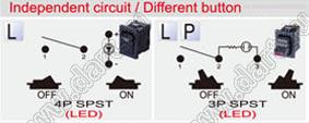 R13-66L-02 переключатель клавишный; 3P SPST (светодиод) off-on (независимый контур)