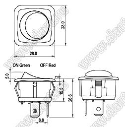 R13-203B8-01-BBRN5 переключатель клавишный; 3P SPST (неон) off-on (водонепроницаемый)