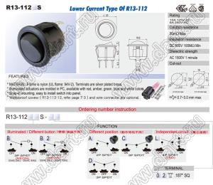 R13-112AS-02 переключатель клавишный; 2P SPST off-on