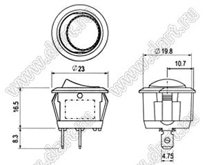 R13-1112A-02 переключатель клавишный миниатюрный; 2P SPST off-on