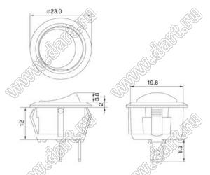 R13-208B-02-G переключатель клавишный; 3P SPST (неон) off-on