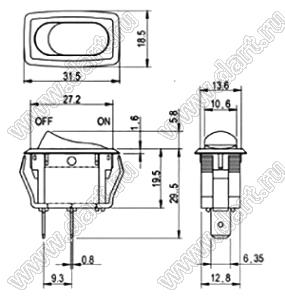 R13-1238B-01 переключатель клавишный миниатюрный; 3P SPST (неон) off-on