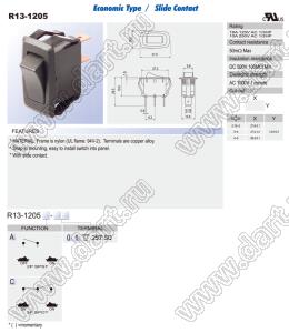 R13-1205A-01 переключатель клавишный миниатюрный; 2P SPST off-on