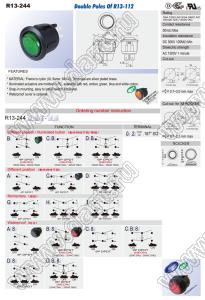 R13-244B-02-Y переключатель клавишный; 4P DPST (неон) off-on