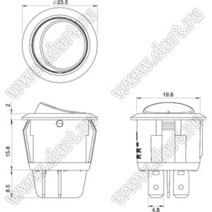 R13-244B-02-Y переключатель клавишный; 4P DPST (неон) off-on