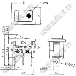 R13-66B4-02 переключатель клавишный; 3P SPST (неон) off-on