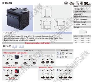 R13-33A-02 переключатель клавишный; 4P DPST off-on