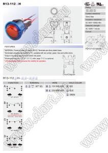 R13-112xH-02-W4-U переключатель клавишный; 2P SPST off-on