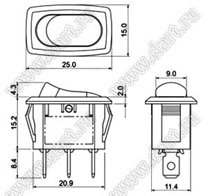 R13-278B-02-R переключатель клавишный; 3P SPST (неон) off-on