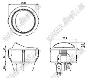 R13-245B-02-R переключатель клавишный; 4P DPST (с подсветкой) off-on