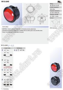 R13-245B-02-R переключатель клавишный; 4P DPST (с подсветкой) off-on