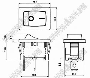 R13-66AS-02 переключатель клавишный; 2P SPST off-on