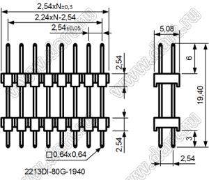 2213DI-80G-1940 (PLHD-80,  KLS1-218-2-80-S-3.0*6.0*19.4) вилка штыревая открытая прямая с двойным изолятором двухрядная на плату для монтажа в отверстия; шаг 2.54мм; P=2,54x2,54мм; 2x40-конт.;