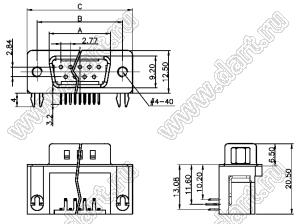 DS1037-01-25M-A (5504-25P-B, DRB-25MB) вилка угловая D-SUB для пайки на плату; 25-конт.; с защелками в плату и установленными шестигранными стойками