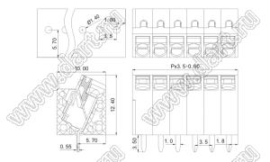 KF250NH-3.5-03P-14 клеммник нажимной, прямой, с входами проводов под углом; шаг=3,5мм; I max=8/15А; U=300/250В