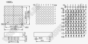 BJ1088CG матрица светодиодная точечная; 1,2"; зеленый; общий катод; 1/2/3/4/12/11/10/9; 32,0x32,0мм; 8x8 (точек); d точки=3,0мм; P=4,00мм; габариты 32x32x8мм