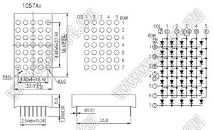 BJ1057AE матрица светодиодная точечная; 1,2"; оранжевый; общий катод; 13/3/11,4/10/6; 39,1x23,0мм; 5x7 (точек); d точки=3,0мм; P=4,60мм; габариты 23x39,1x8мм