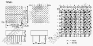 BJ788AEG матрица светодиодная точечная; 0,8"; 20,2x20,0мм; красный/зеленый; 8x8 (точек); d точки=1,9мм; P=2,50мм; габариты 20,2x20,2x5,9мм; 1/17/2/18/3/19/4/20/5/21/6/22/7/23/8/24