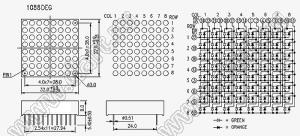 BJ1088DEG матрица светодиодная точечная; 1,2"; красный/зеленый; общий анод; 24/23/21/20/18/17/15/14/1/2/4/5/7/8/10/11; 32,0x32,0мм; 8x8 (точек); d точки=3,0мм; P=4,00мм; габариты 32x32x8мм