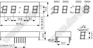 BJ4405CG индикатор светодиодный; 0.4"; 4-разр.; 7-сегм.; желто-зеленый; общий катод