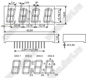 BJ4401CG индикатор светодиодный; 0.4"; 4-разр.; 7-сегм.; желто-зеленый; общий катод