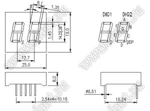 BJ5262AH индикатор светодиодный; 0.56"; 2-разр.; 7-сегм.; красный; общий катод