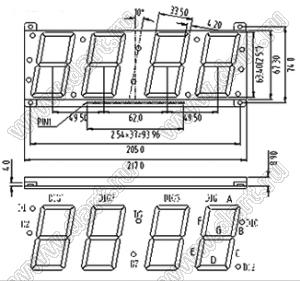 BJ42501DY индикатор светодиодный; 2.5"; 4-разр.; 7-сегм.; желтый; общий катод