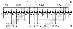 BJ40502JY индикатор светодиодный; 0.5"; 4-разр.; 7-сегм.; желтый; общий катод