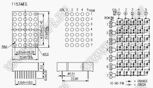 BJ1157AEG матрица светодиодная точечная; 1,2"; красный/зеленый; общий катод; 3/4/5/6/7; 32,0x22,85мм; 5x7 (точек); d точки=3,0мм; P=4,57мм; габариты 22,85x31,99x8мм