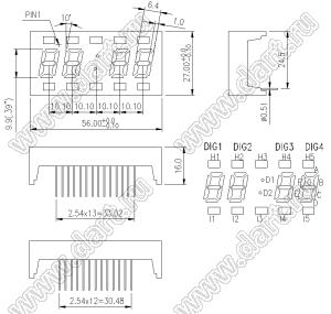 BJ3492AH индикатор светодиодный; 0.39"; 4-разр.; 7-сегм.; красный; общий катод