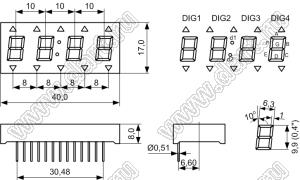 BJ4403BH индикатор светодиодный; 0.4"; 4-разр.; 7-сегм.; красный; общий анод