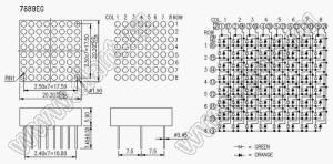 BJ788BEG матрица светодиодная точечная; 0,8"; 20,2x20,0мм; красный/зеленый; 8x8 (точек); d точки=1,9мм; P=2,50мм; габариты 20,2x20,2x5,9мм; 1/17/2/18/3/19/4/20/5/21/6/22/7/23/8/24